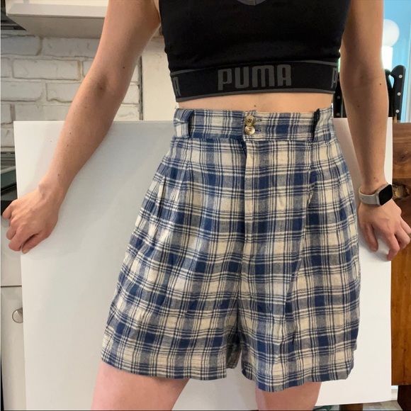 Super high rise vintage linen plaid shorts navy tan state of the art mom - Picture 6 of 8